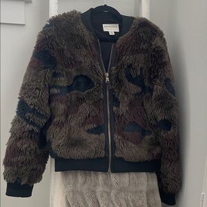 Marrakech Anthropologie Faux Fur Bomber Jacket in Olive Camo print.